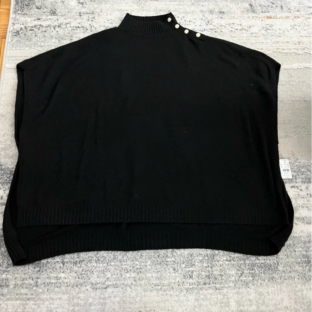 🆕 J.Crew black mockneck with button detail poncho sweater with slit hems - Picture 3 of 12